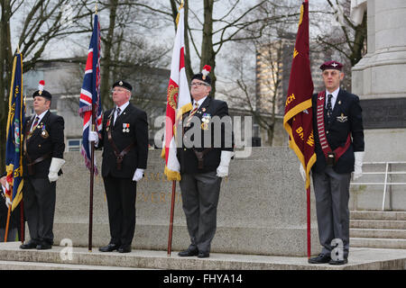 Rochdale, UK. 26th February, 2016. Standard bearers stood to attention at the cenotaph in Rochdale, UK 26th February 2016 Credit:  Barbara Cook/Alamy Live News Stock Photo