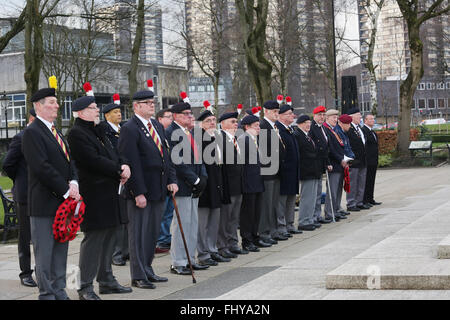 Rochdale, UK. 26th February, 2016. Veterans standing in a line at the cenotaph in Rochdale, UK 26th February 2016 Credit:  Barbara Cook/Alamy Live News Stock Photo