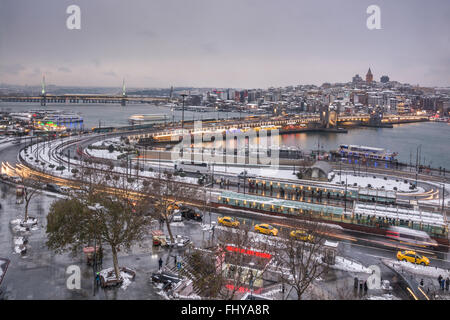 Galata Bridge,Galata Tower and Eminonu square  at winter in Istanbul,Turkey Stock Photo