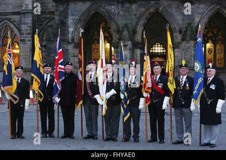 Rochdale, UK. 26th February, 2016. Standard Bearers lined up outside the Town Hall in Rochdale, UK 26th February 2016 Credit:  Barbara Cook/Alamy Live News Stock Photo