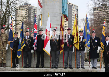 Rochdale, UK. 26th February, 2016. The Standard Bearers in a line at the cenotaph in Rochdale, UK 26th February 2016 Credit:  Barbara Cook/Alamy Live News Stock Photo