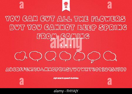 set of white paper stickers, stylish alphabet letters, numbers and speech bubbles isolated on red background. vector, 3d style f Stock Vector