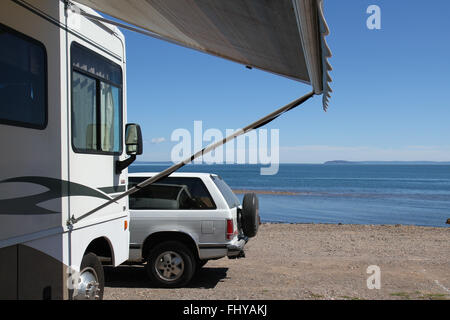 Old Shipyard Campground on Bay of Fundy shore, Spencer's Island, Nova Scotia Stock Photo