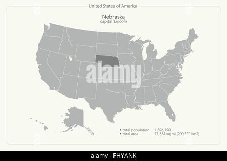 United States of America isolated map and Nebraska State territory. vector USA political map. geographic banner template Stock Vector