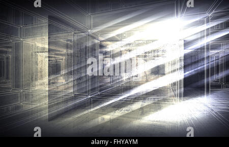 Abstract digital interior 3d background, perspective wire-frame view of dark corridor Stock Photo