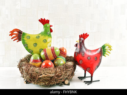 Easter decoration eggs and chicken. Stock Photo