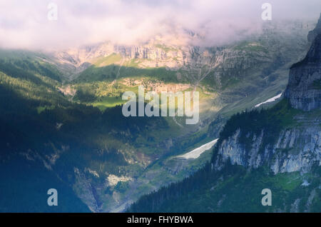 Fairy-tale Landscape. Mountain Valley in Swiss Alps on Sunset. Stock Photo