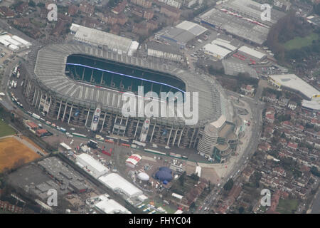 London UK. 26th February 2016. An aerial photograph of Twickenham stadium as it prepares for the 6 Nations rugby clash between England and Ireland on Saturday 27th February Credit:  amer ghazzal/Alamy Live News