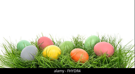 Colorful easter eggs in green grass over white background Stock Photo