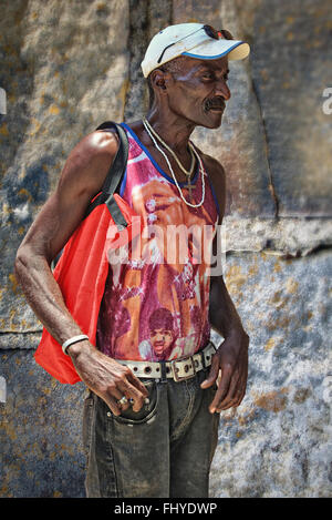 Portrait of an elderly Cuban man in a red shirt Stock Photo