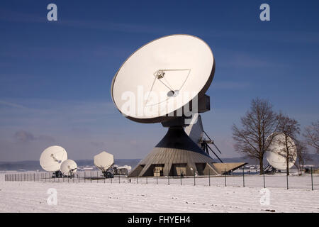 The Satellite Earth Station Raisting  is a ground communication parabolic antenna complex for telecommunication. Stock Photo