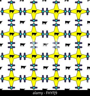 Abstract futuristic print with flying saucers, rockets and bulls. Digital background vector pattern. Stock Vector