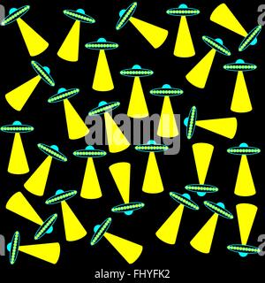 Abstract futuristic print with flying saucers, ufos and rays of light. Digital background vector pattern on the dark backdrop. Stock Vector