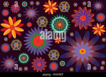 Colorful flowers of various sizes on dark backdrop. Digital background vector pattern. Stock Vector