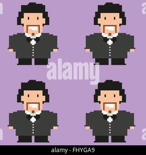 Marriage. Wedding. Pixelated happy groom on purple backdrop. Digital background vector pattern. Stock Vector