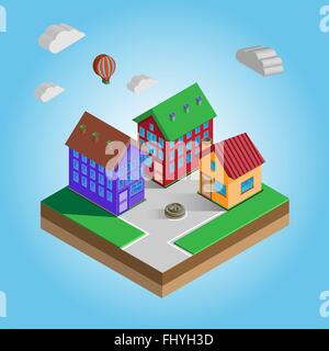 Isometric Houses on a Street. Flying Balloon in the Sky with Clouds. Construction Company Advertising Banner. Digital background Stock Vector