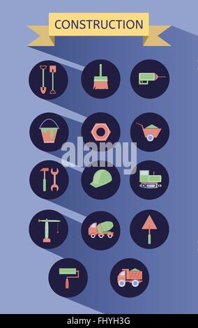 Construction Icons Set. Flat style round vector building illustrations. Stock Vector