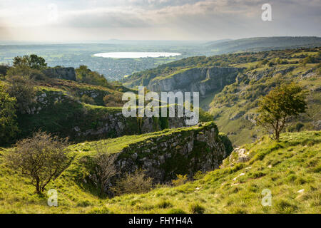 View over the Somerset countryside from the Pinnacles, Cheddar Gorge. Stock Photo