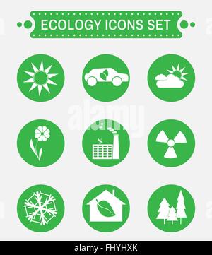 Ecology logo isolated on green round buttons. Digital background vector icon set. Stock Vector