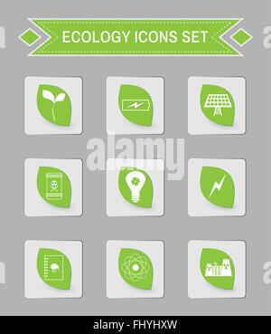 Green ecology logo isolated on gray square buttons. Digital background vector icon set. Stock Vector