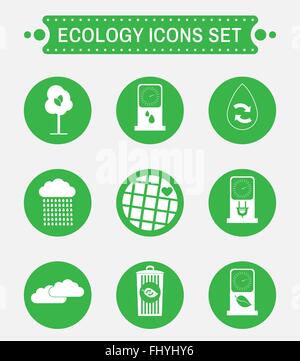 Ecology logo isolated on green round buttons. Digital background vector icon set. Stock Vector