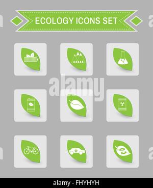 Green ecology logo isolated on gray square buttons. Digital background vector icon set. Stock Vector