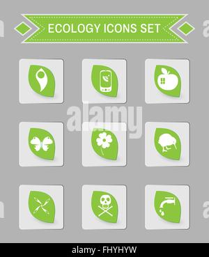 Green ecology logo isolated on gray square buttons. Digital background vector icon set. Stock Vector