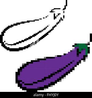 Yummy veggies. Pixelated purple, black and white aubergine silhouette. Digital vector illustration isolated on white. Stock Vector