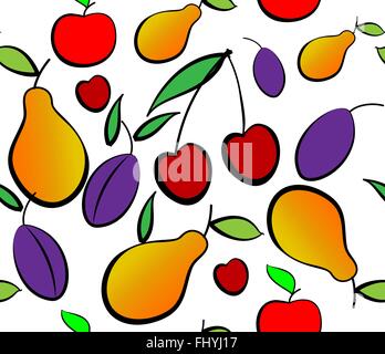 Yummy fruits. Healthy living concept. Summer treats, sweets. Pears, plums and cherry. Seamless digital vector flat pattern. Stock Vector