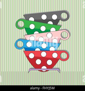 Tea, coffee cups. Good morning. Happy family meeting concept. Digital vector illustration isolated on the lined green backdrop. Stock Vector