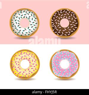 Pink, yellow, white and chocolate cream donuts with sprinkles. Yummy treats and sweets. Digital vector illustration isolated. Stock Vector