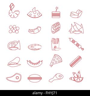 Different Red Food Snacks silhouette on the white backdrop. Digital background vector illustration. Stock Vector