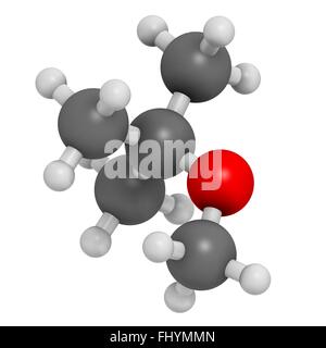 Methyl tert-butyl ether (MTBE, tBME) gasoline additive molecule Atoms are represented as spheres and are colour coded: hydrogen Stock Photo