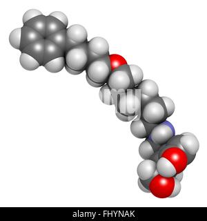 Salmeterol asthma drug molecule Atoms are represented as spheres and are colour coded: hydrogen (white), carbon (grey), oxygen Stock Photo