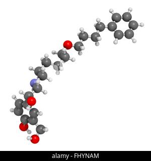 Salmeterol asthma drug molecule Atoms are represented as spheres and are colour coded: hydrogen (white), carbon (grey), oxygen Stock Photo