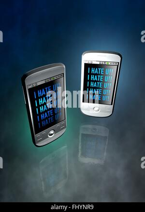 Two smartphones with I Hate You messages, illustration. Stock Photo