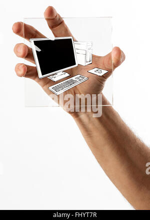 Single square clear glass display with computer symbol held tightly in human hand over white background Stock Photo