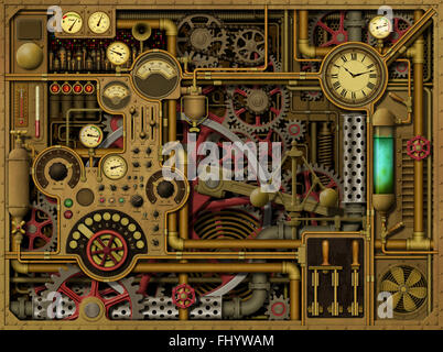 A Steampunk Background with Clocks, Dials, Gears and Cogs, Pipes and Switches. Stock Photo