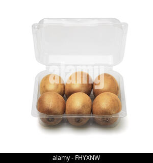 Kiwi Fruits in Open Plastic Container on White Background Stock Photo