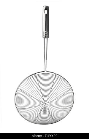 Stainless Steel Metallic Colander on White Background Stock Photo