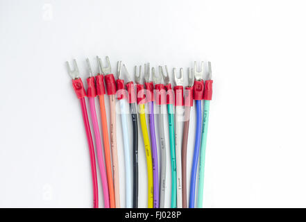 Multicolored electric - power cables on white background. Stock Photo