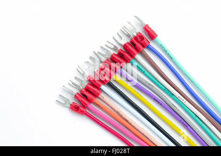 Multicolored electric - power cables on white background. Stock Photo