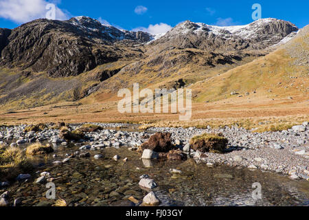 Great Moss and the Scafell massif in winter from the Upper Esk valley, Lake District, Cumbria, UK Stock Photo