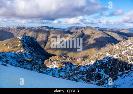 View north  from Scafell Pike in the English Lake District National Park towards Great Gable, winter Stock Photo