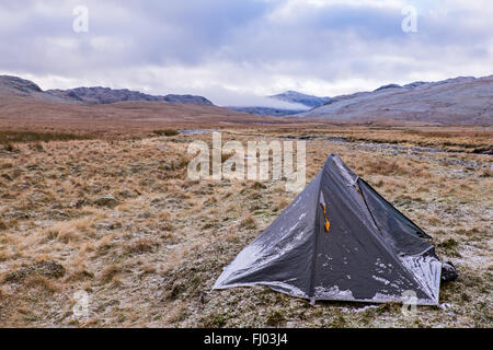 frost covered Tent pitched on Great Moss in the Upper Esk valley, Lake District, Cumbria, UK Stock Photo