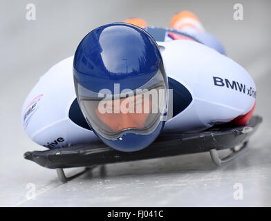 Koenigssee, Germany. 27th Feb, 2016. Dominic Edward Parsons of the UK in action during the Skeleton World Cup in Koenigssee, Germany, 27 February 2016. Photo: Tobias Hase/dpa/Alamy Live News Stock Photo