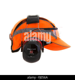 Orange Bump Cap Safety Hat with Ear Defenders and safety glasses on a White Background Stock Photo