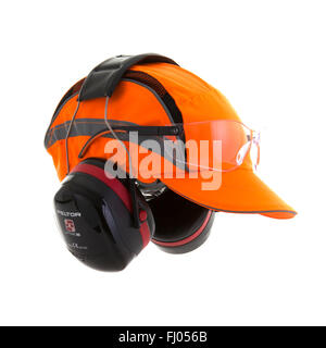 Orange Bump Cap Safety Hat with Ear Defenders and safety glasses on a White Background Stock Photo