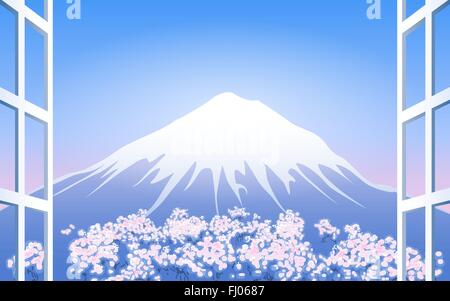 Cherry Blossoms around Mount Fuji. View from window. Stock Vector