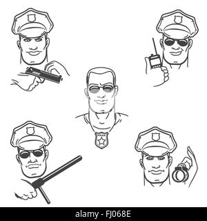 Police officer in various situations. Policemen face expression set drawn in thin line style. Stock Vector